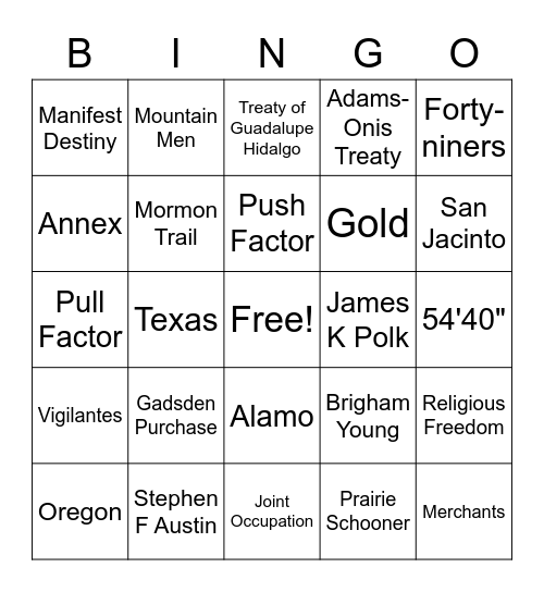 Manifest Destiny Bingo Card