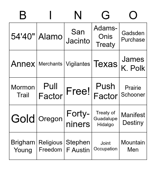 Manifest Destiny Bingo Card