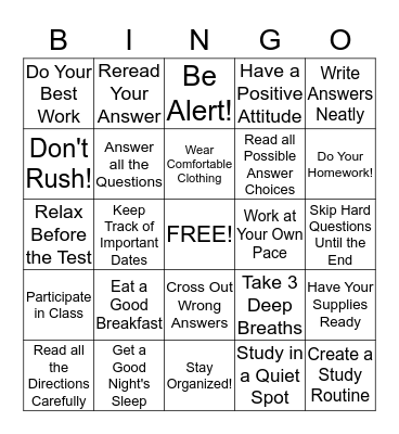 Test Taking Bingo Card