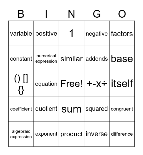 3E Bingo (Exponents, Expressions, Equations) Bingo Card