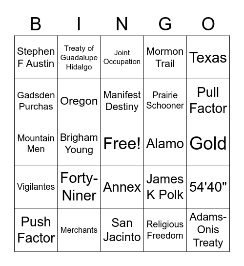 Manifest Destiny Bingo Card