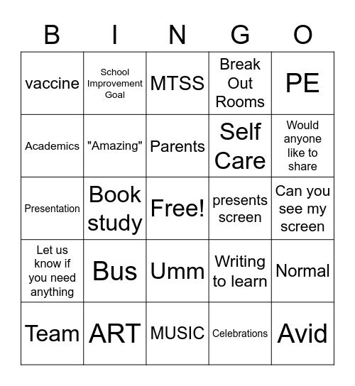 Staff Meeting Bingo Card