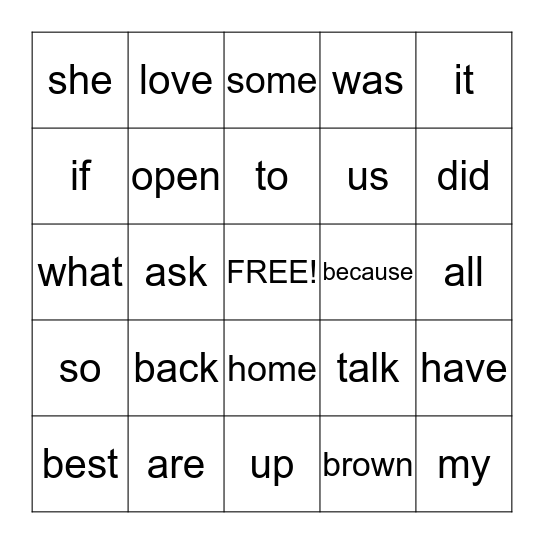 Word Wall Words Bingo Card