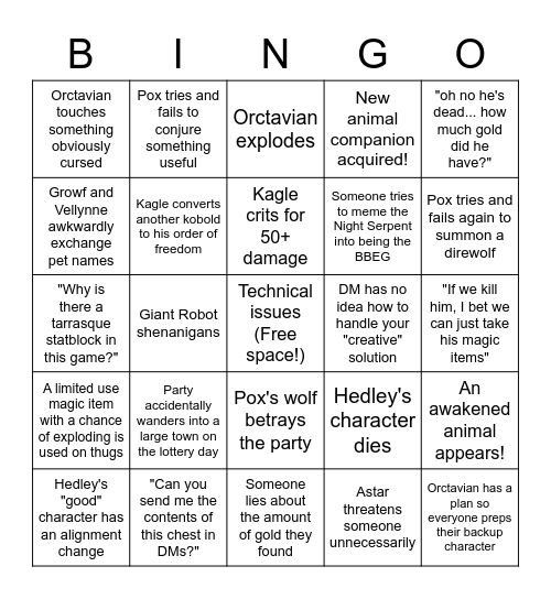 Rime of the Frostmaiden Bingo Card