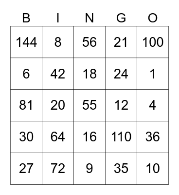 Multiplication Bingo Card