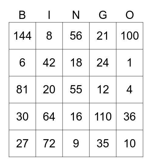 Multiplication Bingo Card