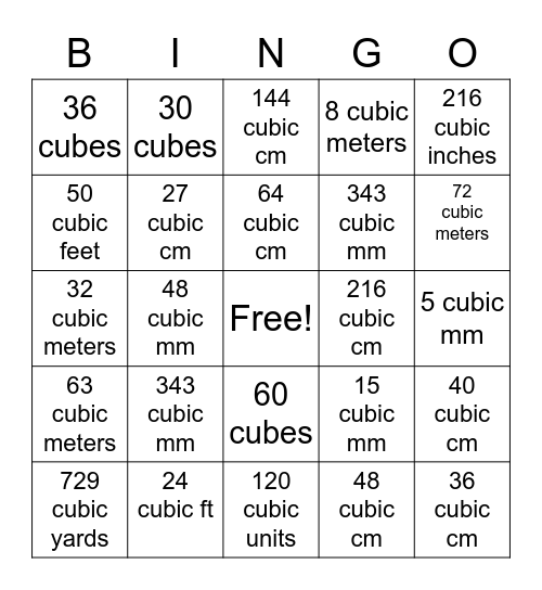 Volume of Rectangular Prisms Bingo Card