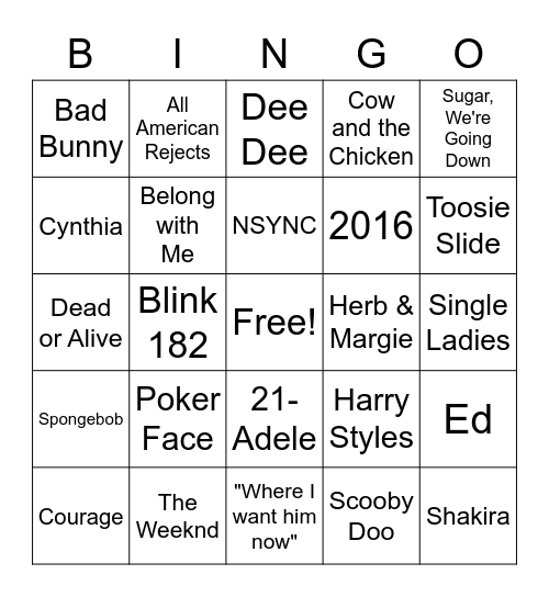 Music & Entertainment Bingo Card