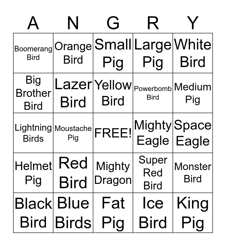 Angry Birds Bingo Card