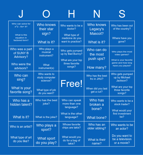 JHU Bingo Card