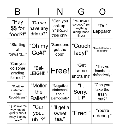 “Kenny-isms” Bingo Card