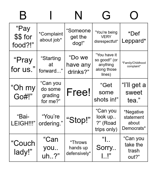 “Kenny-isms” Bingo Card