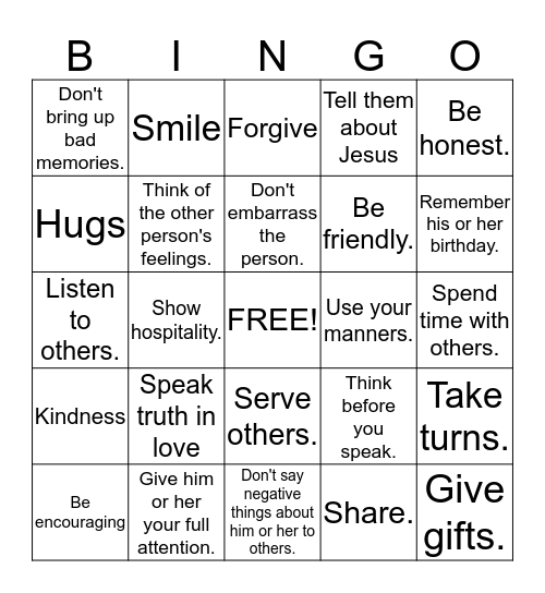 Ways To Show Love To Others Bingo Card