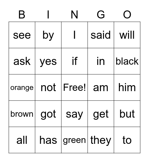 Rainbow Words Bingo Card