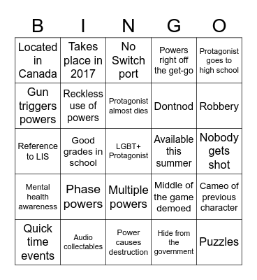 Life is Strange 3 Showcase Bingo Card Bingo Card