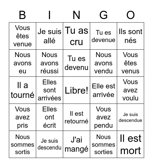 Le passé composé Bingo Card