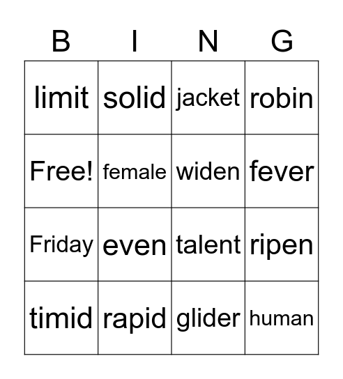V/CV and VC/V Bingo Card