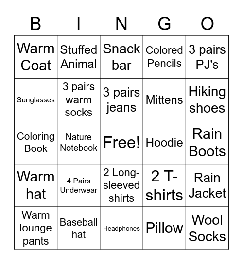 Weekend Travel Packing Bingo - Child Edition Bingo Card