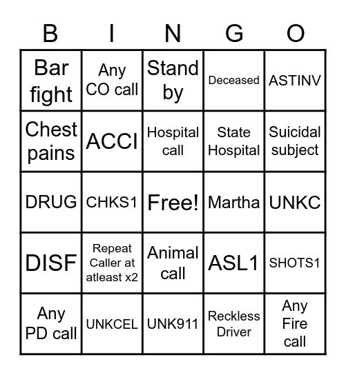 Call Taker BINGO Card