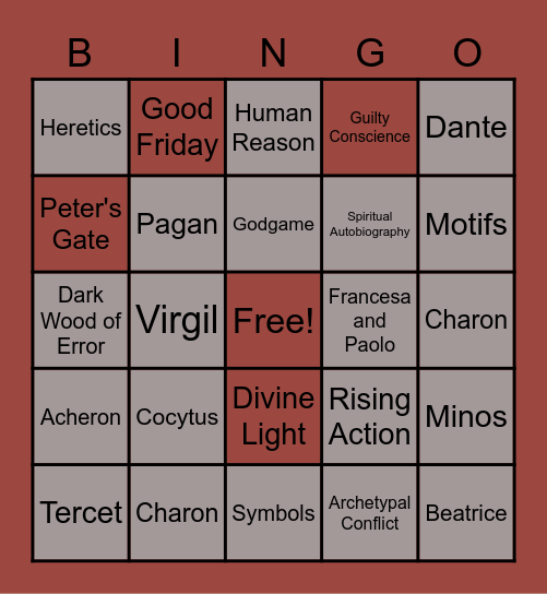 Dante's Inferno Bingo Card