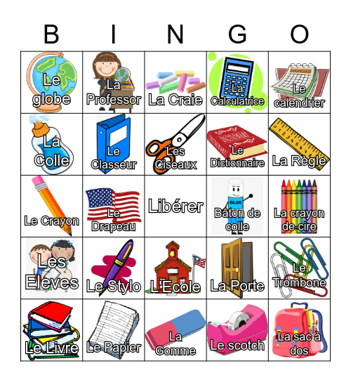 Vocabulaire en Classe Bingo Card