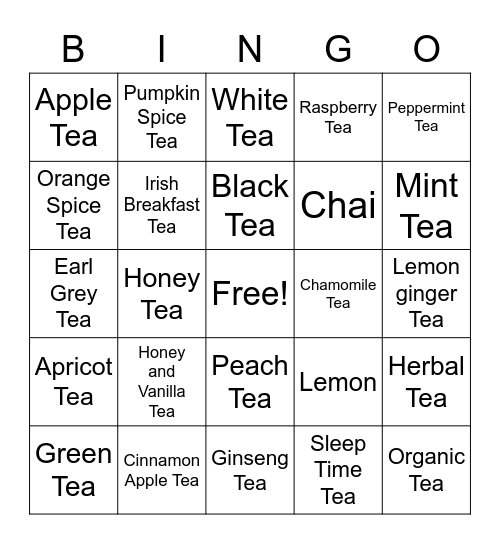 Tea Party Bingo Card
