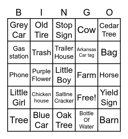 Back Road Bingo Card