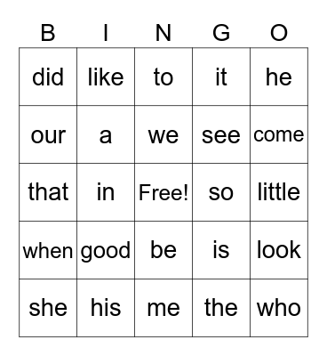 Kinder Sight Words Bingo Card