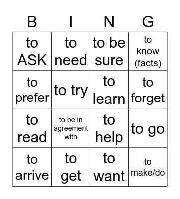 INFINITIVE BINGO Card
