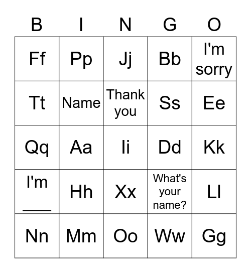 Lesson 1 Bingo Card
