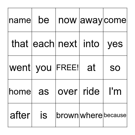Word Wall Words Bingo Card