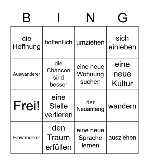 Auswanderung Bingo Card