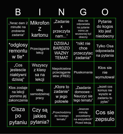 Lekcje bingo Card