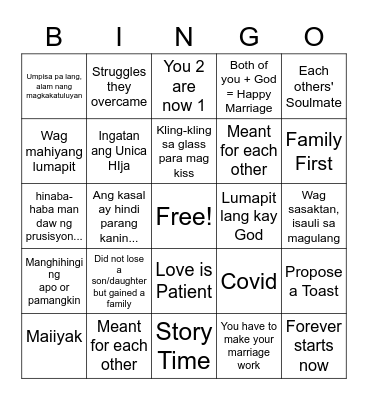 Wedding Speech Bingo Card