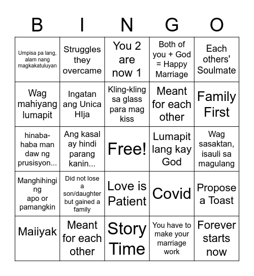 Wedding Speech Bingo Card