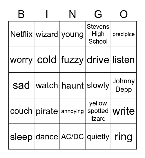 Parts of Speech Bingo Card