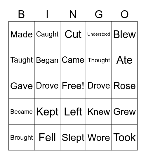 Past Tense Irregular Verbs Bingo Card