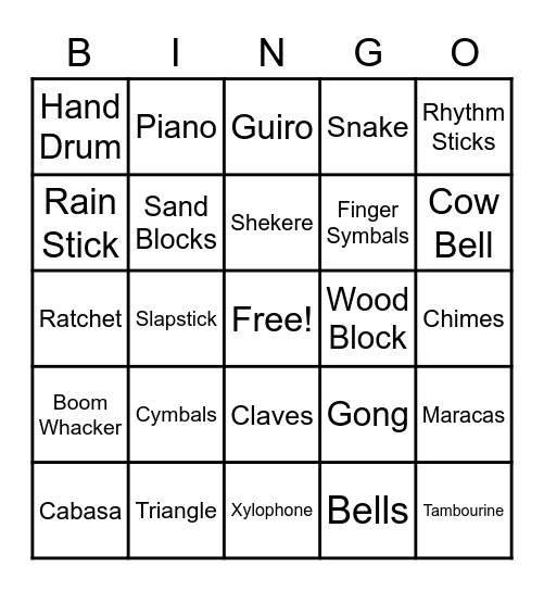 Percussion Instrument Bingo Card