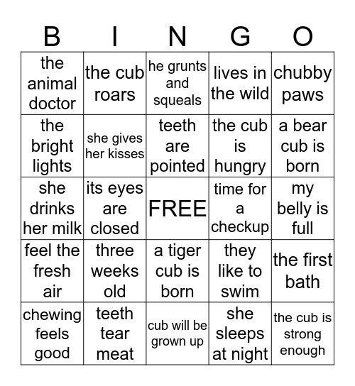 A Tiger Cub Grows Up Bingo Card