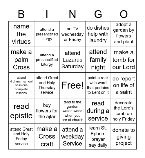 Great Lent Bingo Card