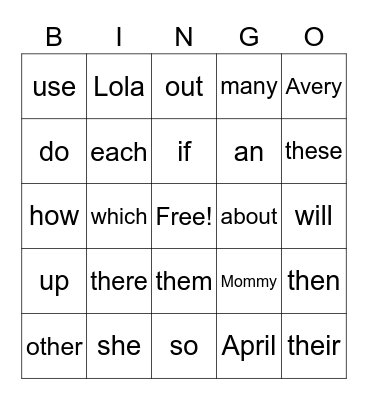 Sight Words #5 #6 Bingo Card