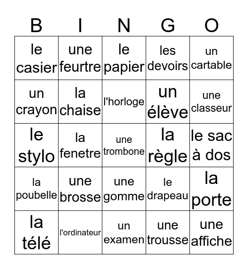 la salle de classe Bingo Card