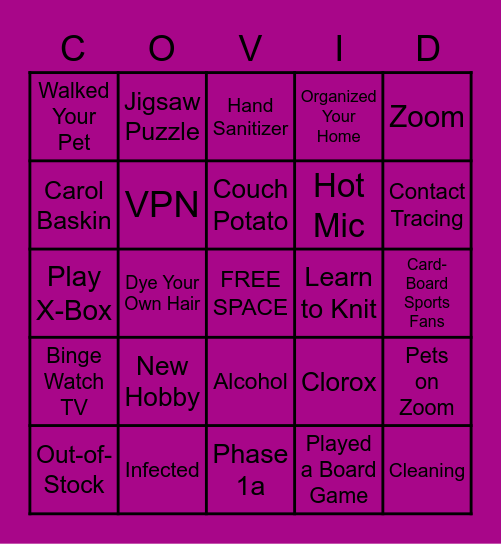 Quarantine BINGO Card