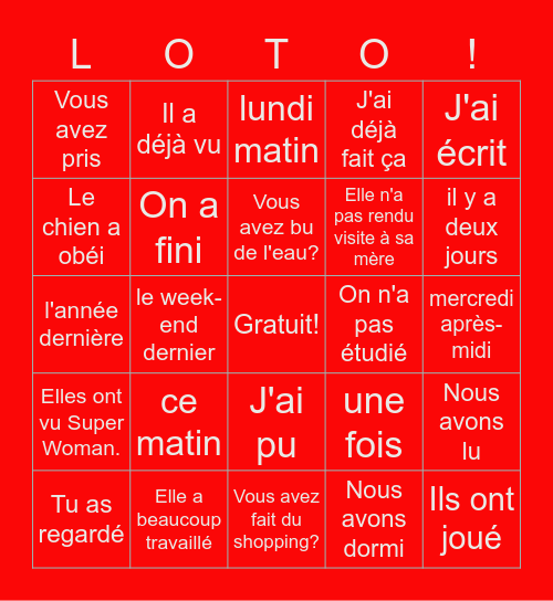 passé composé avec AVOIR Bingo Card