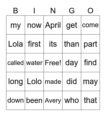 Sight Words #9  #10 Bingo Card