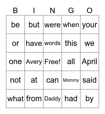 Sight Words #3 #4 Bingo Card