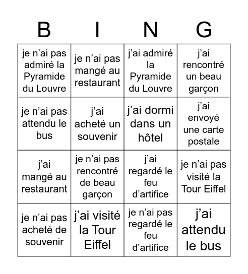 S2 French: une semaine à Paris Bingo Card
