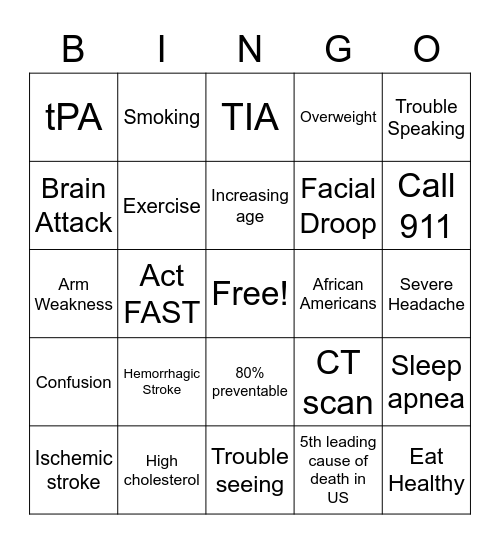 Stroke Risk Factors Bingo Card