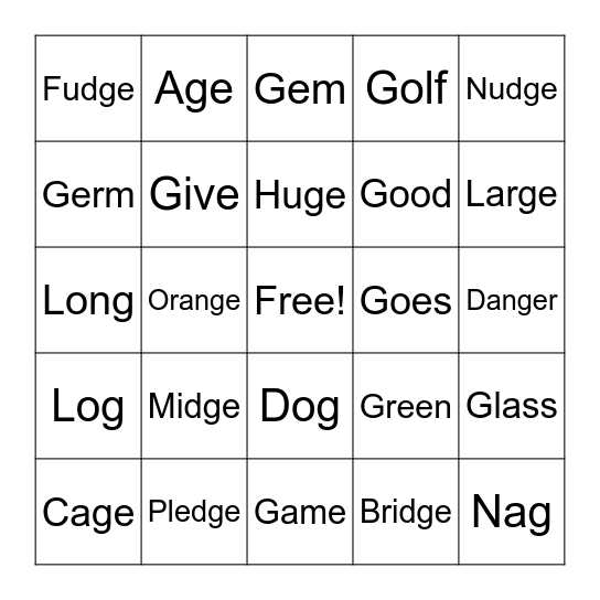 Soft/Hard G Bingo Card