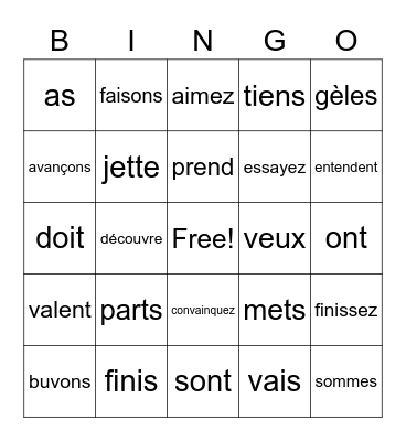 Les verbes au présent Bingo Card